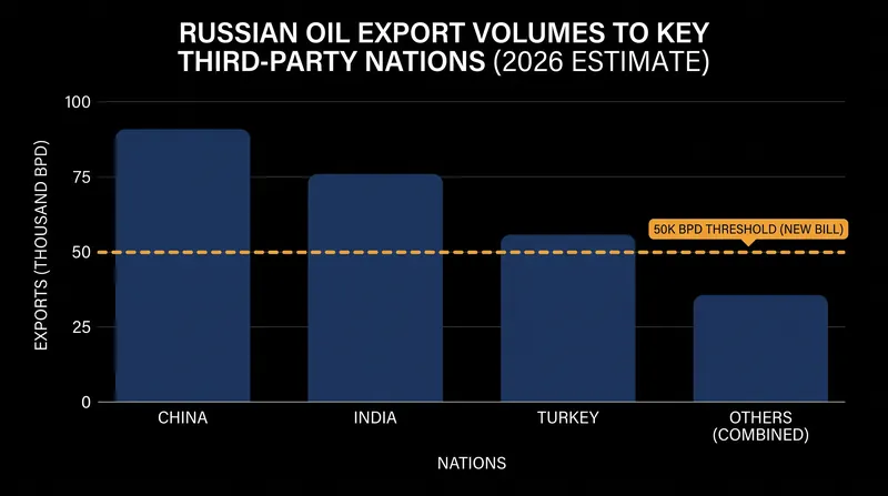 The new legislation targets nations importing more than 50,000 barrels of Russian crude per day.