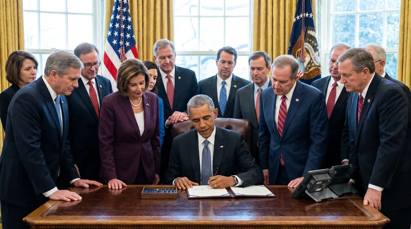 President sitting at the Oval Office desk signing a document while lawmakers stand behind him.