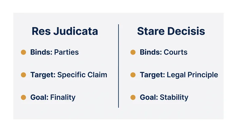 The structural differences between the two doctrines dictate who is bound and what is protected.