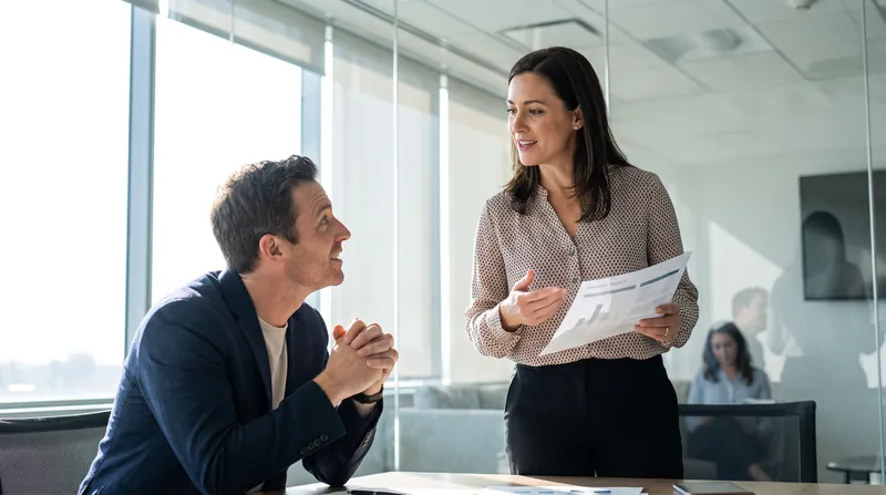 A junior corporate employee speaks confidently in a meeting while a senior executive listens actively.