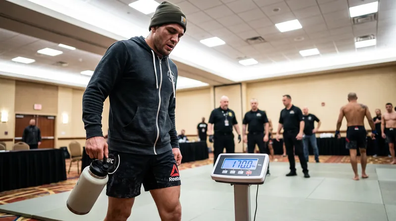 A mixed martial arts fighter steps off a digital scale while holding a large water bottle.