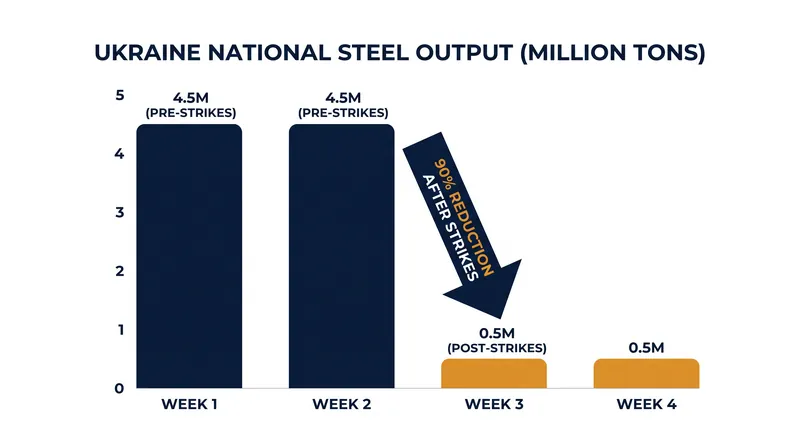 The destruction of the three remaining major plants has eliminated 90% of Ukraine's domestic steel production capacity.