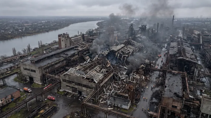 Aerial view of a heavily damaged industrial steel plant with collapsed roofs and smoke rising.