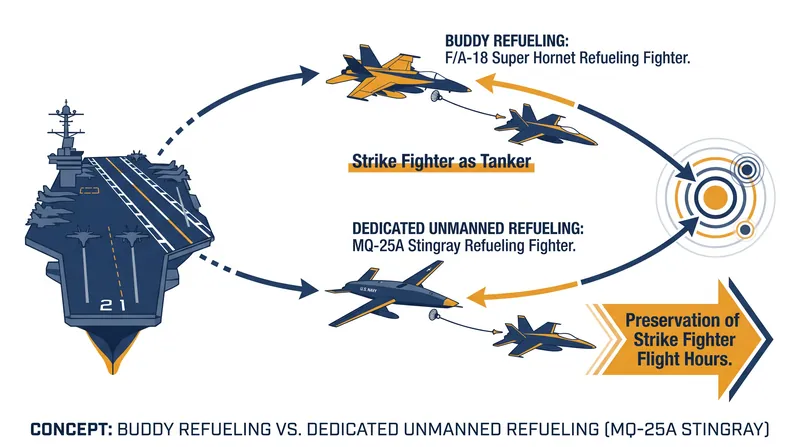 By assuming the aerial refueling role, the MQ-25A allows the Navy to dedicate its entire F/A-18 fleet to strike and defense missions.
