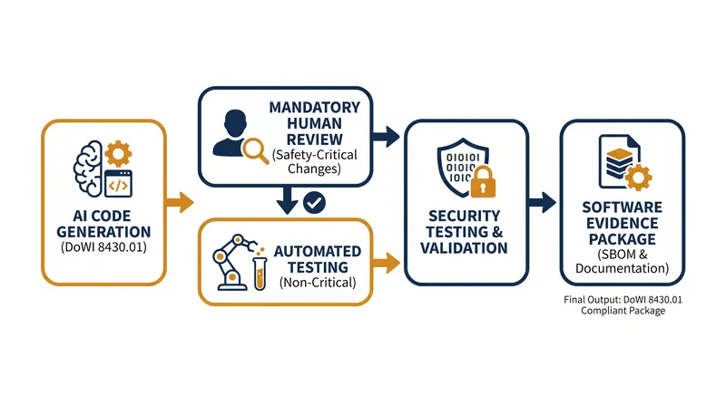 DoWI 8430.01 mandates human review and rigorous security testing for all AI-generated code.