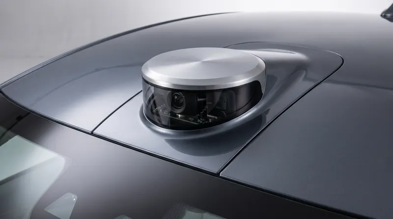 A close-up view of a modern Lidar sensor unit mounted on the roof of an autonomous vehicle.