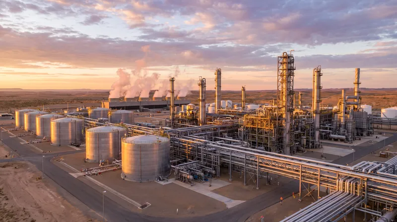 A large-scale modern natural gas processing and storage facility with industrial pipelines and cylindrical tanks.