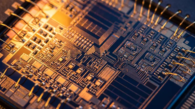 A close-up view of a silicon cryptographic processor chip illuminated by amber and navy blue light.
