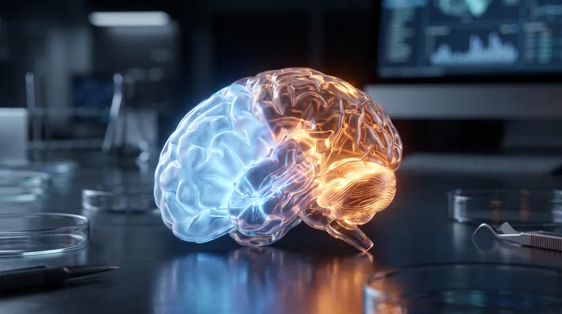 A macro photography model of a human brain split into two distinct glowing sections, blue and amber, resting on a laboratory table.