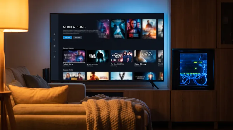 A glowing television screen showing a streaming interface in a dark room, with a server rack visible in the background.