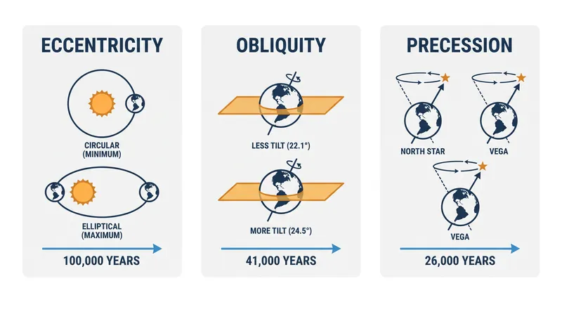 The three astronomical cycles that dictate the amount of solar radiation reaching Earth.