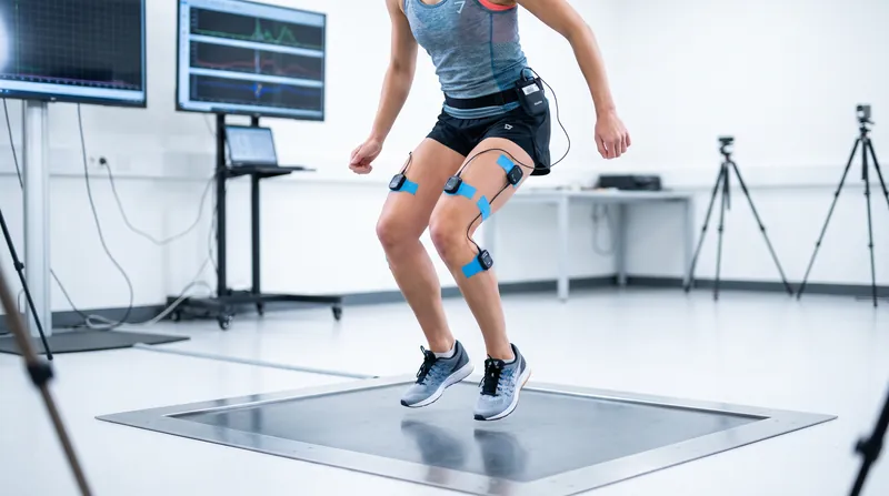 A physical therapy patient with electromyography sensors on their leg performing a controlled landing exercise.