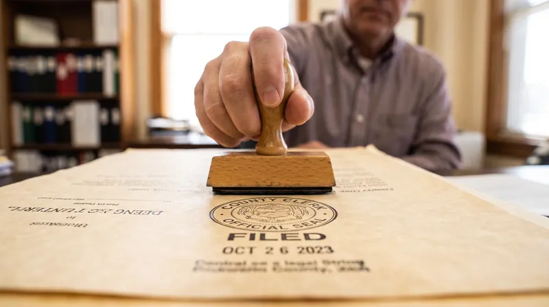 A close-up view of a legal deed being officially stamped and filed at a county clerk's office.
