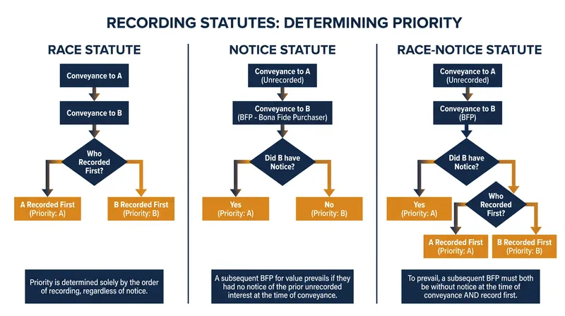 How the three primary recording statutes determine property ownership priority.