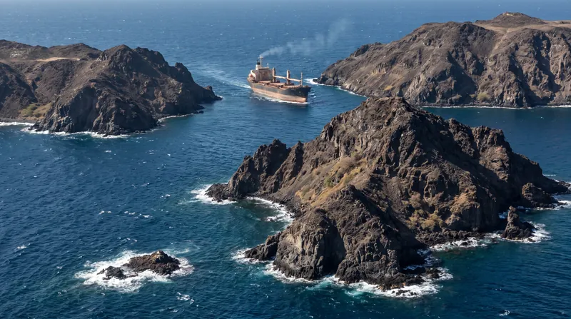 Aerial view of the rugged, volcanic Hanish Islands surrounded by the deep blue waters of the Red Sea.