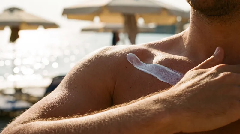 A person's hand reaching for a bottle of SPF 50 sunscreen on a brightly lit pharmacy shelf.
