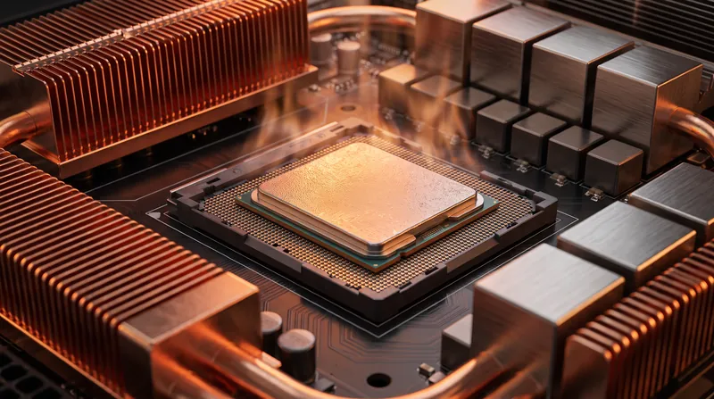 A close-up view of a high-end desktop processor installed in a motherboard socket, surrounded by heavy copper cooling components.