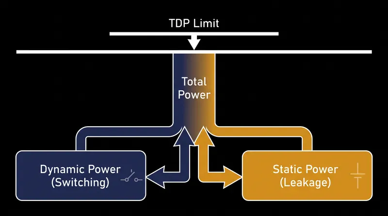 Total processor power is the sum of dynamic switching energy and static leakage current.