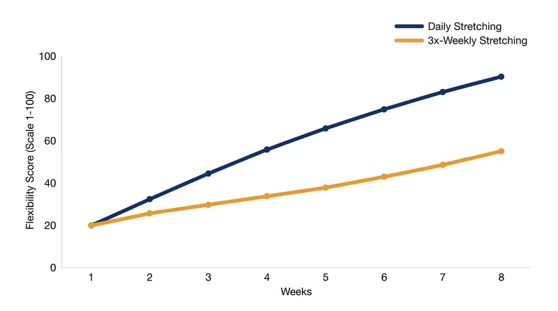 Daily stretching provides consistent, low-threat exposure that accelerates range of motion gains over an 8-week period.
