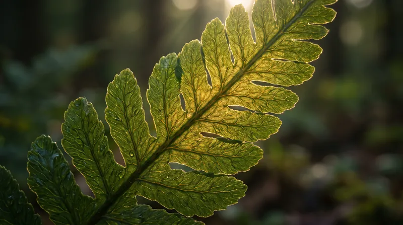 A close-up macro photograph of a vibrant green leaf illuminated by sunlight, showing intricate veins.
