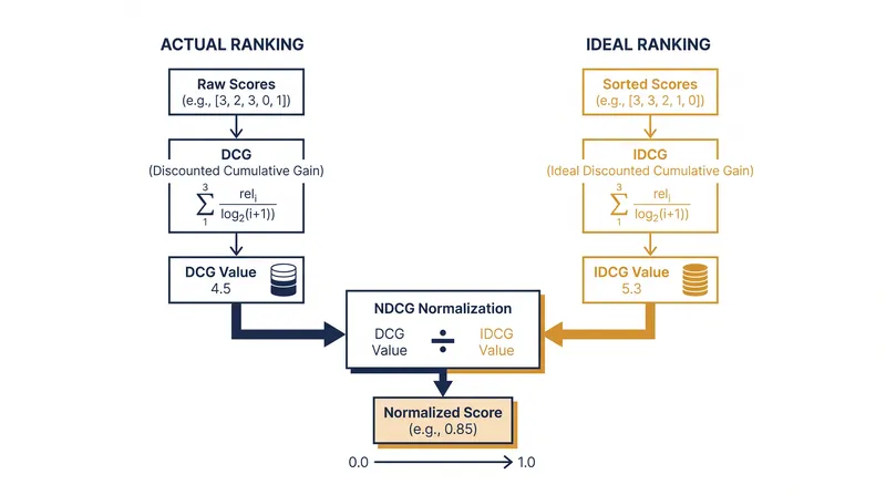 Dividing the actual score by the ideal score normalizes the metric across different queries.
