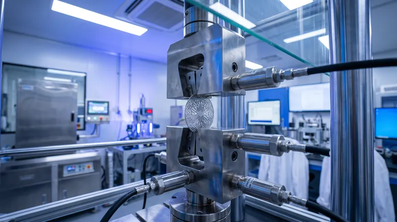 A metallic fin-type elastocaloric cooling component being tested inside a modern engineering laboratory.