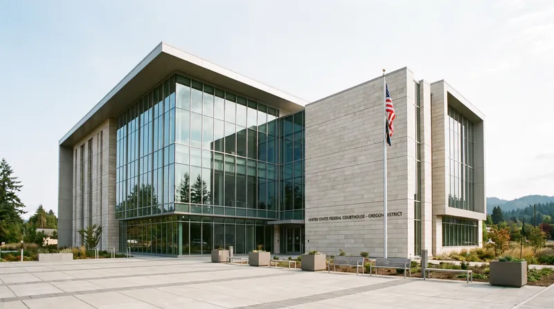 Exterior view of a modern federal courthouse building with glass and stone architecture under a bright sky.