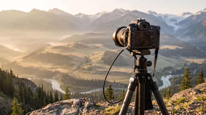 A professional camera mounted on a tripod overlooking a vast mountain range at sunrise.