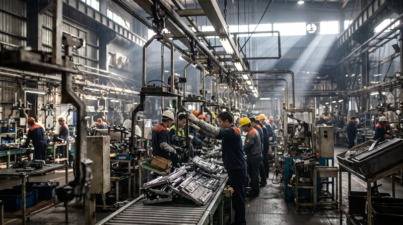 A complex manufacturing assembly line showing work in progress moving through various stages of production.