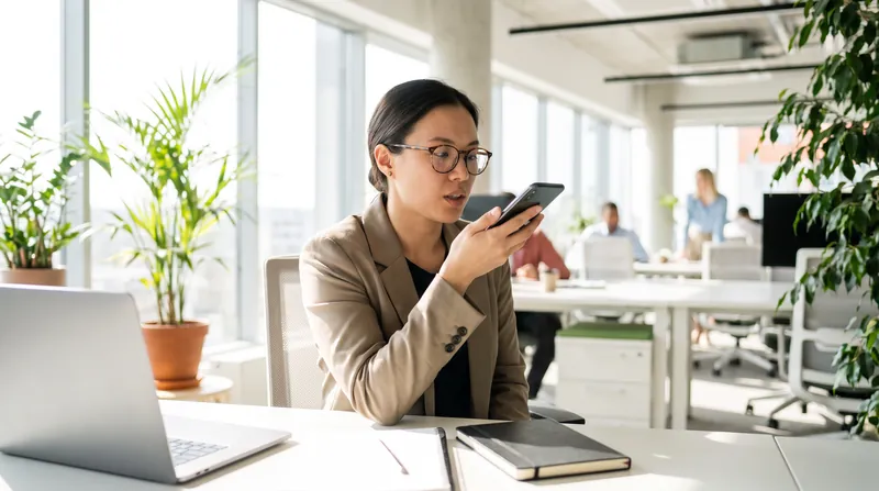 A person holding a smartphone and speaking into it in a brightly lit modern office setting.