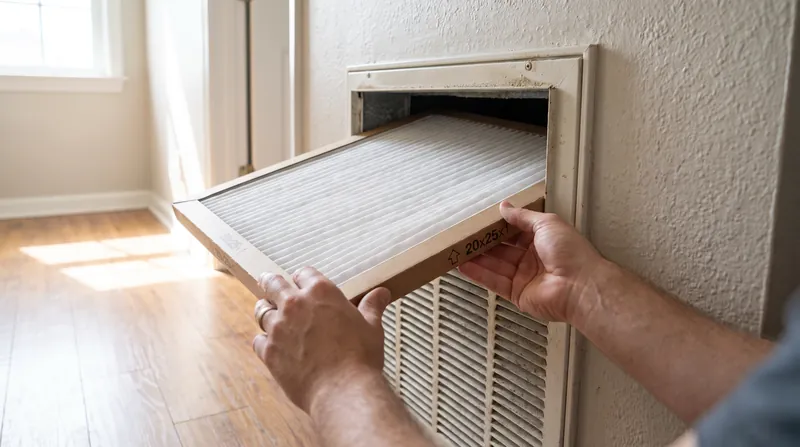 A person's hands installing a clean white pleated air filter into a metal wall return vent.