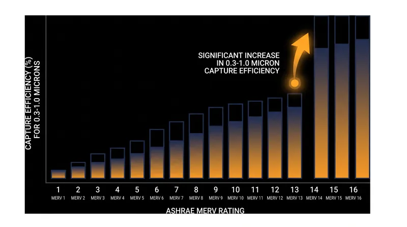 MERV 13 marks the threshold where filters begin capturing a significant percentage of microscopic particles like viruses and smoke.