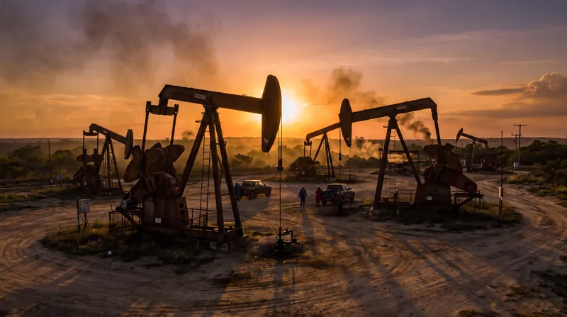 Silhouettes of oil pump jacks operating against a bright sunset in a flat industrial landscape.