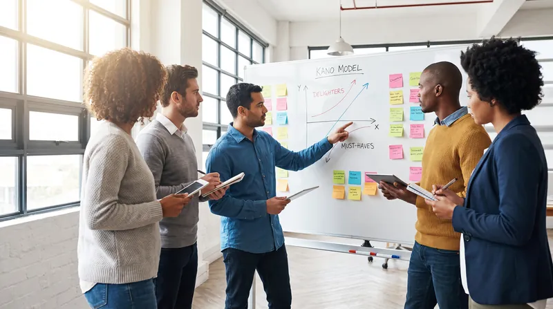 A diverse product development team analyzing a whiteboard covered in sticky notes and a large Kano Model graph.