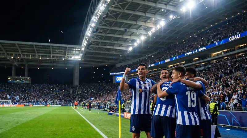 FC Porto football players in blue and white striped jerseys celebrating a goal on the pitch.