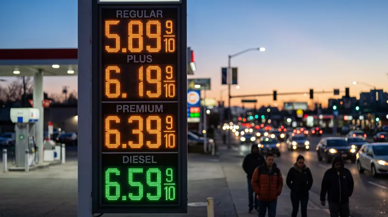 A brightly lit digital gas station sign displaying elevated fuel prices against a blurred background of passing cars.