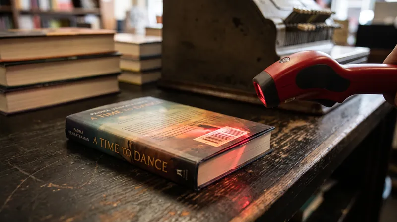 A close-up view of a red laser barcode scanner reading the ISBN on the back of a hardcover book at a wooden checkout counter.