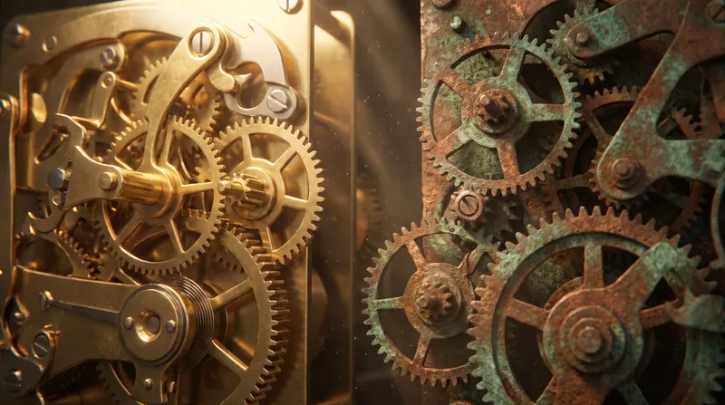 A macro photograph of a mechanical clockwork mechanism with half the brass gears pristine and the other half oxidizing.