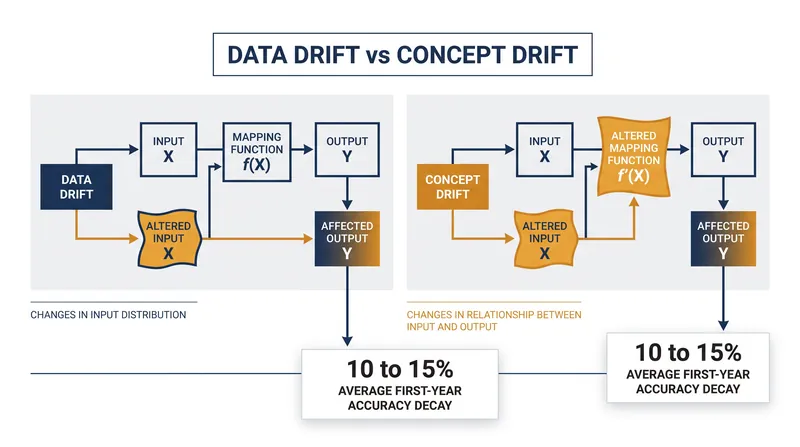 Data drift changes the inputs a model receives, while concept drift changes the correct answer.