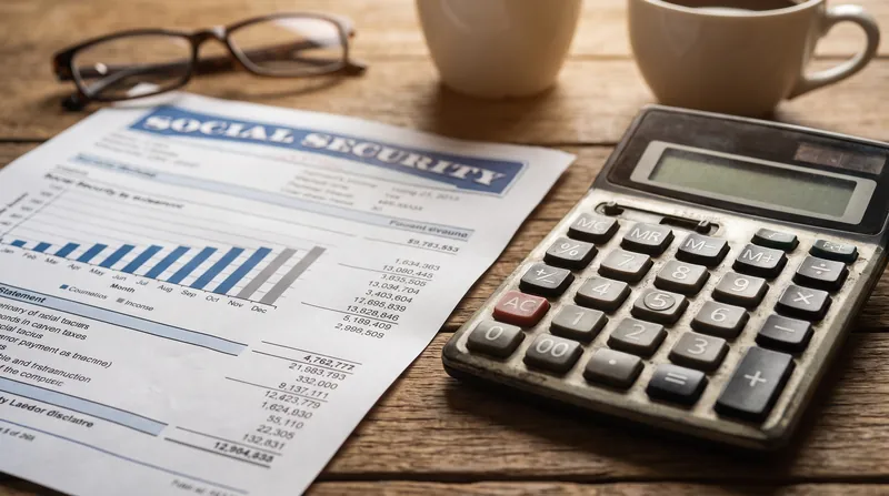 A close-up view of a printed Social Security statement resting on a wooden desk next to a calculator.