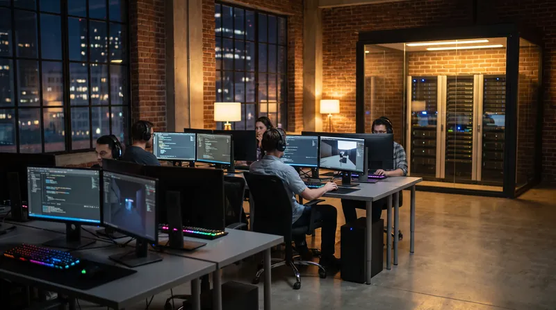 A dimly lit video game development studio at night with rows of glowing dual-monitor workstations.