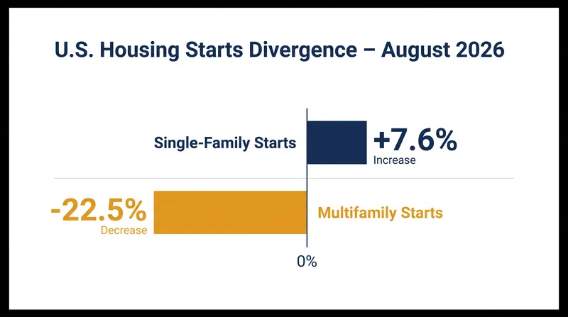 August 2026 saw a sharp divergence between single-family and multifamily construction starts.