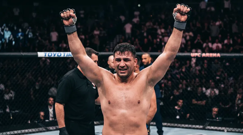Sean Sharaf celebrates after scoring one of the biggest upsets in UFC history with a 12-second knockout of Gable Steveson.