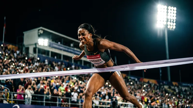 A track and field athlete crossing a finish line under bright stadium lights at night.
