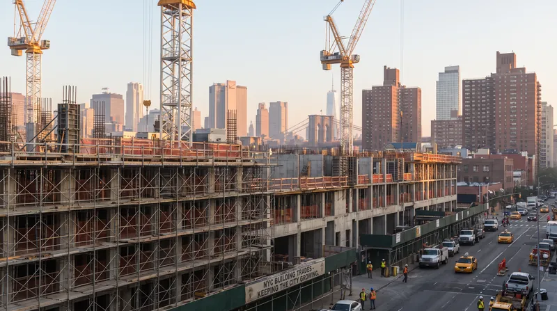 A large residential construction site in New York City with cranes and scaffolding against the skyline.