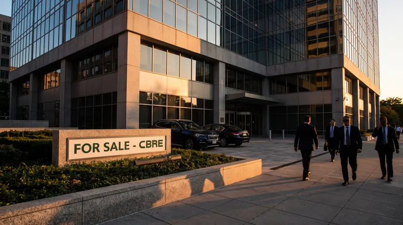 A modern commercial office building exterior with a subtle 'For Sale' sign in the foreground.