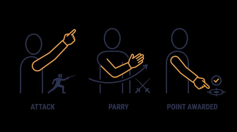 Referees use a standardized system of hand signals to explain the sequence of priority after every touch.