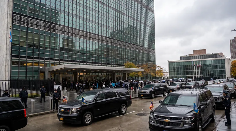Exterior view of the United Nations General Assembly building in New York City with diplomatic vehicles.
