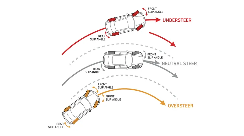 Understeer occurs when front slip angles exceed rear slip angles, causing the vehicle to push wider than the steered path.