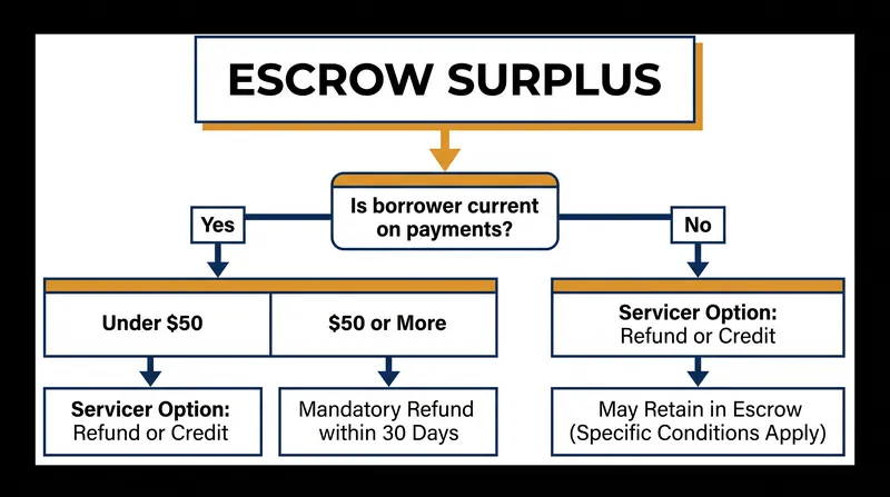 Servicers are legally required to issue a direct refund check for any escrow surplus of $50 or more, provided the borrower is current on their mortgage.